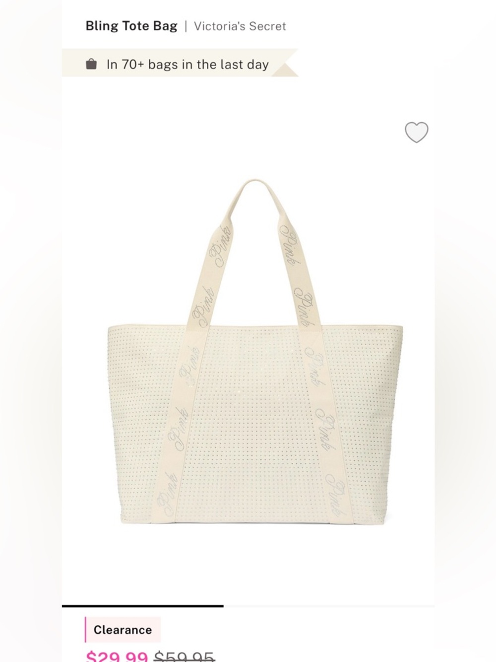 PINK Victoria's Secret Cream Perforated Tote with Script Shoulder Straps